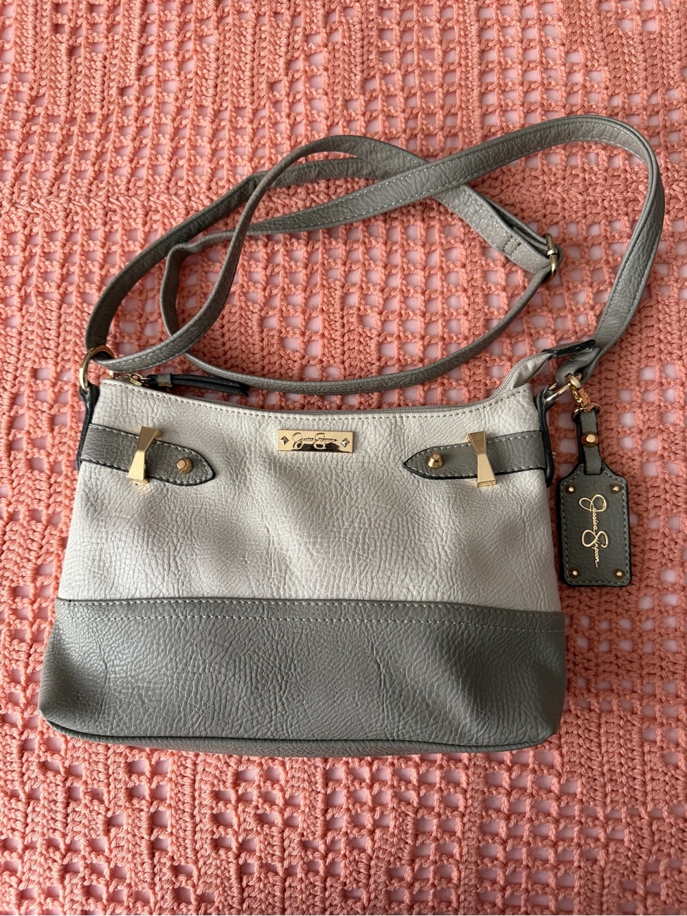 Jessica Simpson Two-Tone Gray Crossbody Bag with Gold Hardware